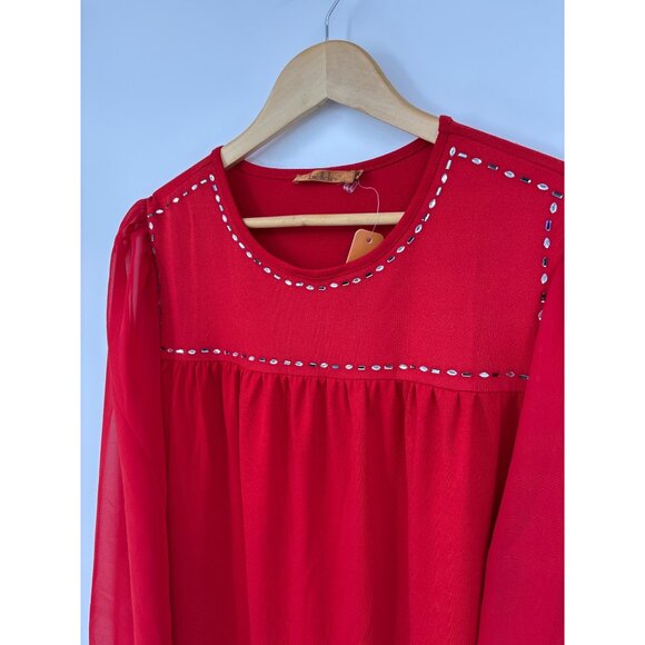 Belldini Embellished Sheer Long Chiffon Sleeve Stretch Blouse Top Red 1X NEW - Picture 4 of 7